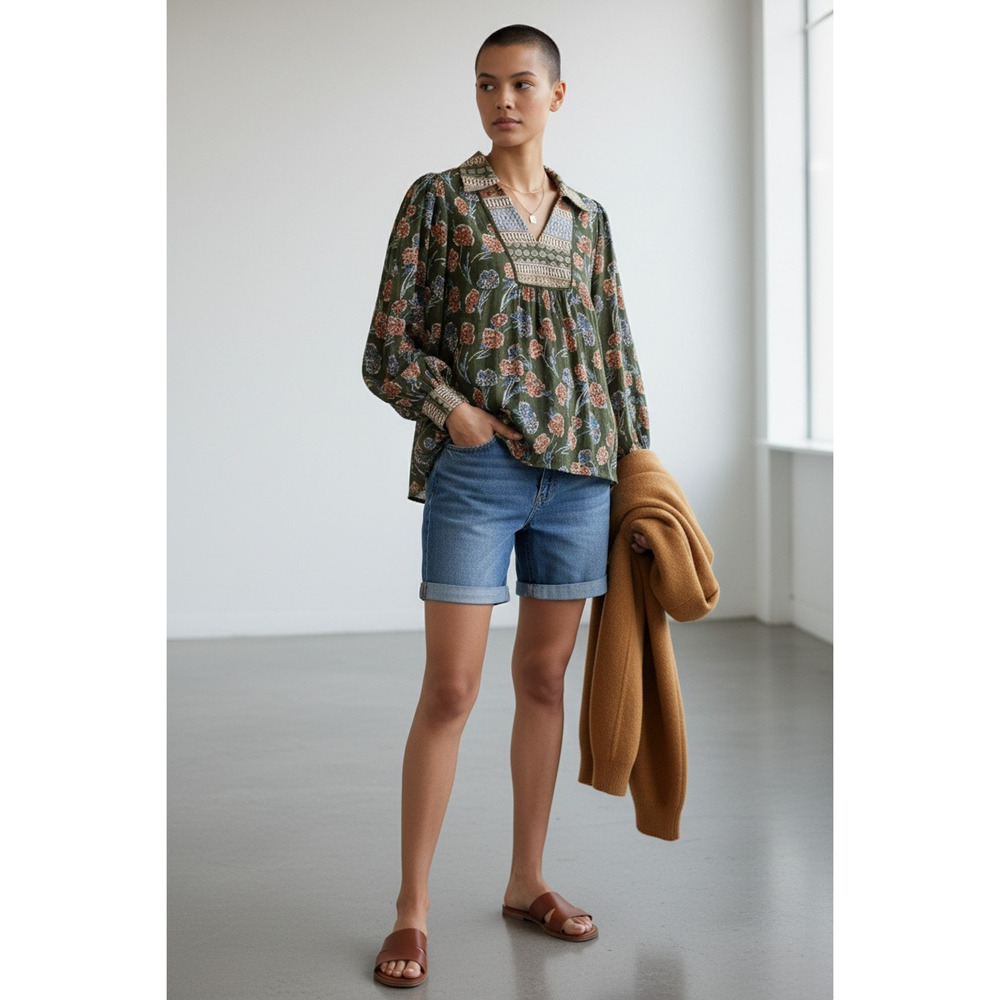 Boho Floral Border Print Blouse Long Balloon Sleeve V-Neck Palm Green M